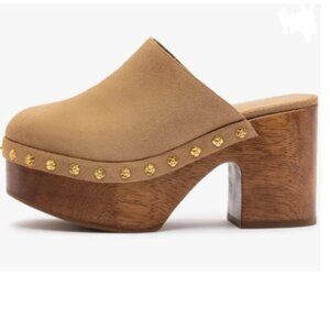 Sandy Brown Round Toe Studded Platform Mule Slip on Cork Chunky High Heel Slides